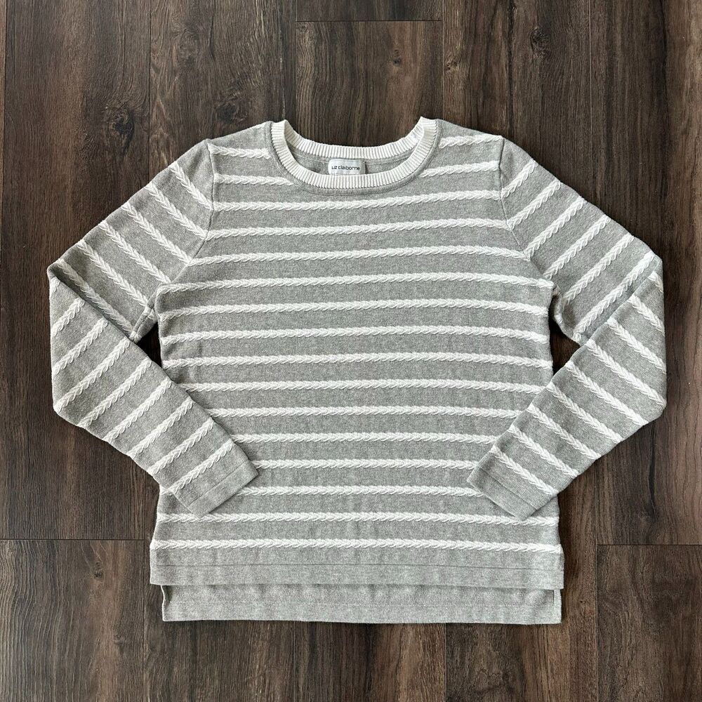 Liz Claiborne Striped Long Sleeve Shirt Sweater Gray White Ribbed Trim Sz Large